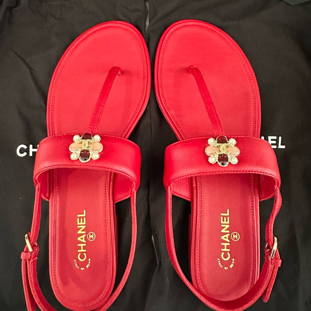 CHANEL RED JEWELED THONG SANDALS